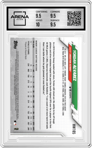 Yordan Alvarez from the 2020 Topps Holiday Mega Box set graded by Arena Club and given an overall grade of 10.