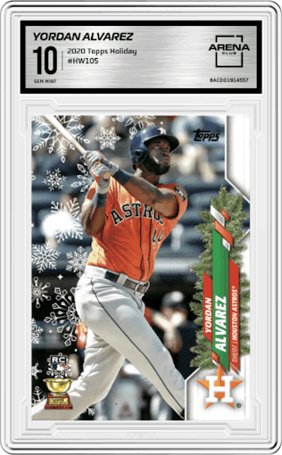 Yordan Alvarez from the 2020 Topps Holiday Mega Box set graded by Arena Club and given an overall grade of 10.