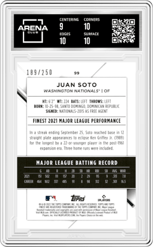 Juan Soto from the 2022 Topps Finest set featuring a Purple Refractor parallel graded by Arena Club and given an overall grade of 9.5.