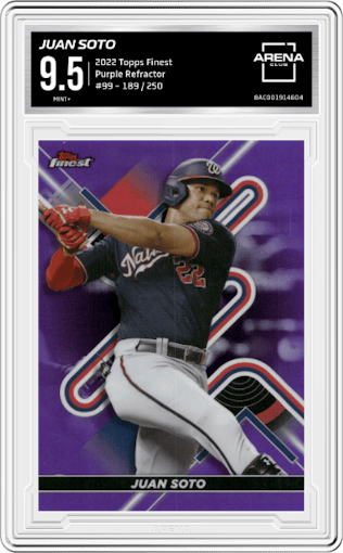 Juan Soto from the 2022 Topps Finest set featuring a Purple Refractor parallel graded by Arena Club and given an overall grade of 9.5.