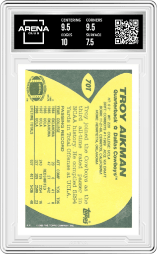 Troy Aikman from the 1989 Topps Traded set graded by Arena Club and given an overall grade of 8.