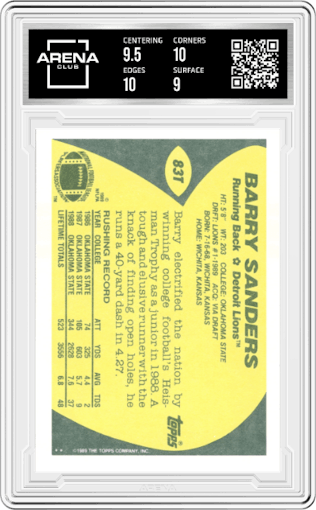 Barry Sanders from the 1989 Topps Traded set graded by Arena Club and given an overall grade of 9.5.