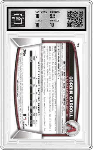 Corbin Carroll from the 2023 Bowman  set graded by Arena Club and given an overall grade of 10.