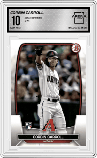 Corbin Carroll from the 2023 Bowman  set graded by Arena Club and given an overall grade of 10.