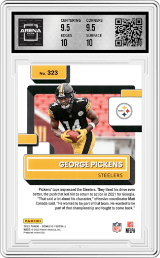 George Pickens from the 2022 Panini Donruss set graded by Arena Club and given an overall grade of 10.