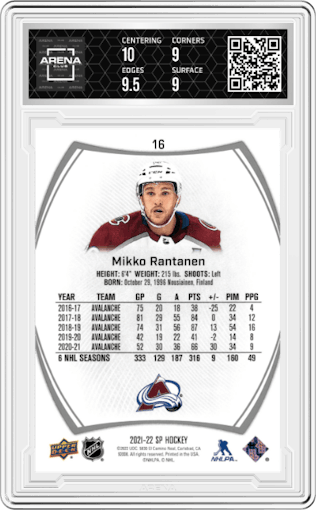 Mikko Rantanen from the 2021-22 UD SP  set graded by Arena Club and given an overall grade of 9.5.