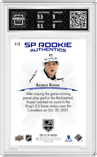 Rasmus Kupari from the 2021-22 UD SP  set featuring a Blue parallel graded by Arena Club and given an overall grade of 9.5.