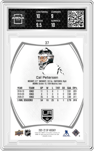 Cal Petersen from the 2021-22 UD SP  set graded by Arena Club and given an overall grade of 9.5.