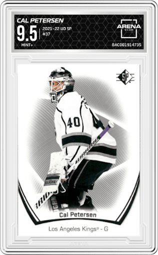 Cal Petersen from the 2021-22 UD SP  set graded by Arena Club and given an overall grade of 9.5.