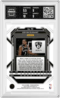 Kevin Durant from the 2022-23 Panini Prizm  set graded by Arena Club and given an overall grade of 9.5.
