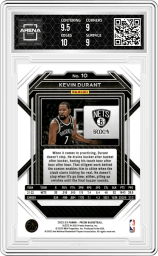 Kevin Durant from the 2022-23 Panini Prizm  set graded by Arena Club and given an overall grade of 9.5.