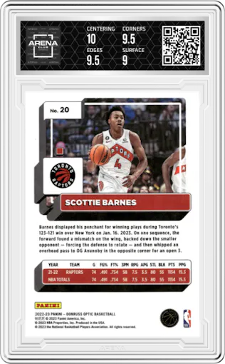 Scottie Barnes from the 2022-23 Panini Donruss Optic  set graded by Arena Club and given an overall grade of 9.5.
