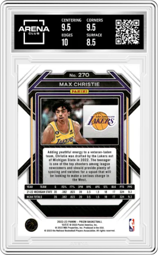 Max Christie from the 2022-23 Panini Prizm  set graded by Arena Club and given an overall grade of 9.