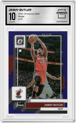 Jimmy Butler from the 2022-23 Panini Donruss Optic  set featuring a Purple parallel graded by Arena Club and given an overall grade of 10.