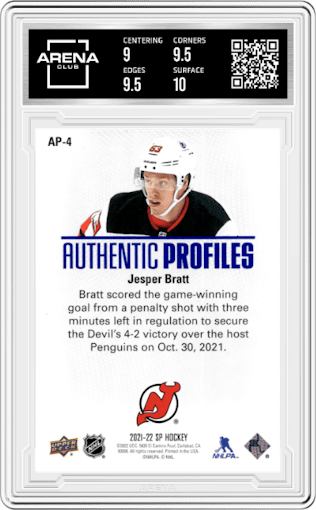 Jesper Bratt from the 2021-22 UD SP  set graded by Arena Club and given an overall grade of 9.5.