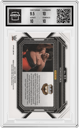 Yokozuna from the 2023 Panini Prizm WWE Wrestling set featuring a Ice Prizm parallel graded by Arena Club and given an overall grade of 10.