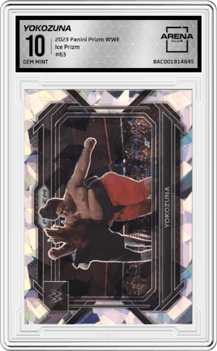 Yokozuna from the 2023 Panini Prizm WWE Wrestling set featuring a Ice Prizm parallel graded by Arena Club and given an overall grade of 10.