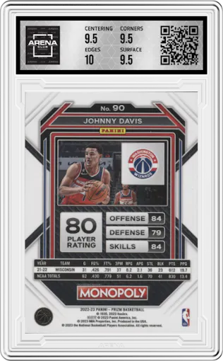 Johnny Davis from the 2022-23 Panini Prizm Monopoly set graded by Arena Club and given an overall grade of 10.