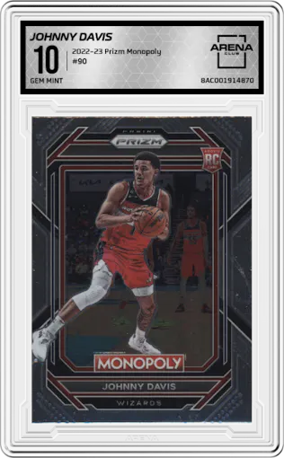 Johnny Davis from the 2022-23 Panini Prizm Monopoly set graded by Arena Club and given an overall grade of 10.