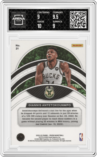 Giannis Antetokounmpo from the 2022-23 Panini Prizm  set graded by Arena Club and given an overall grade of 9.5.