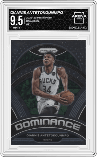 Giannis Antetokounmpo from the 2022-23 Panini Prizm  set graded by Arena Club and given an overall grade of 9.5.