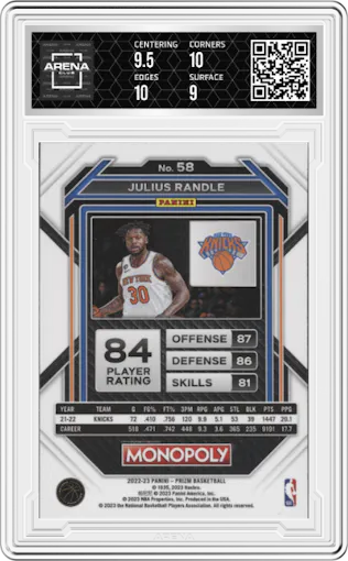 Julius Randle from the 2022-23 Panini Prizm Monopoly set graded by Arena Club and given an overall grade of 9.5.