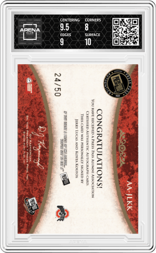 Jerry Lucas/Kosta Koufos from the 2008-09 Press Pass Legends set graded by Arena Club and given an overall grade of 8.5.