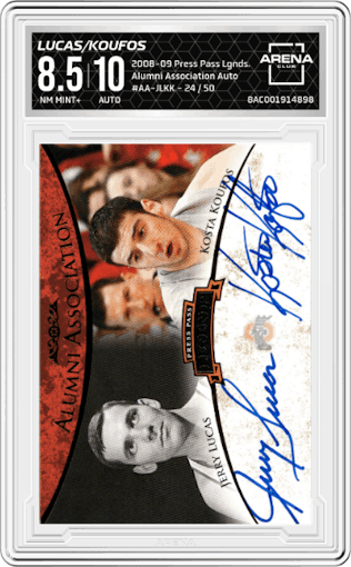 Jerry Lucas/Kosta Koufos from the 2008-09 Press Pass Legends set graded by Arena Club and given an overall grade of 8.5.