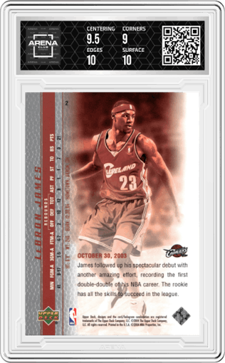 LeBron James from the 2003-04 UD LeBron James Phenomenal Beginning set graded by Arena Club and given an overall grade of 9.5.