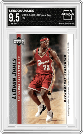 LeBron James from the 2003-04 UD LeBron James Phenomenal Beginning set graded by Arena Club and given an overall grade of 9.5.
