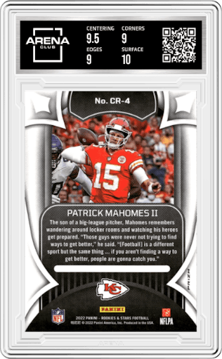 Patrick Mahomes II from the 2022 Panini Rookies & Stars set featuring a Red Plaid parallel graded by Arena Club and given an overall grade of 9.5.
