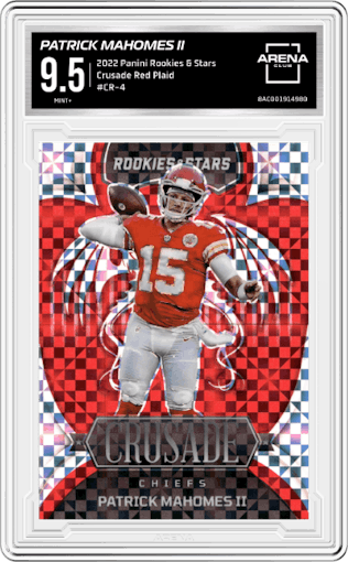 Patrick Mahomes II from the 2022 Panini Rookies & Stars set featuring a Red Plaid parallel graded by Arena Club and given an overall grade of 9.5.