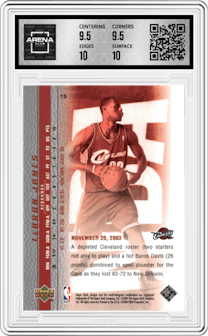 LeBron James from the 2003-04 UD Lebron James Phenomenal Beginning set graded by Arena Club and given an overall grade of 10.