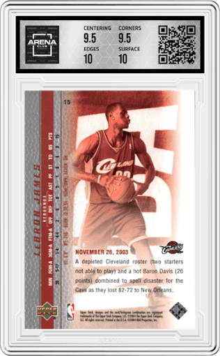 LeBron James from the 2003-04 UD Lebron James Phenomenal Beginning set graded by Arena Club and given an overall grade of 10.