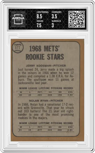 Jerry Koosman/Nolan Ryan from the 1968 Venezuela Topps set graded by Arena Club and given an overall grade of 3.5.