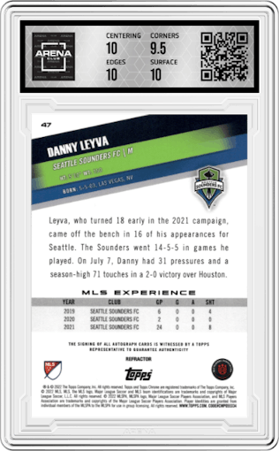 Danny Leyva from the 2022 Topps Chrome MLS set featuring a Refractor parallel graded by Arena Club and given an overall grade of 10.