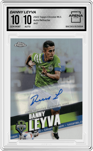 Danny Leyva from the 2022 Topps Chrome MLS set featuring a Refractor parallel graded by Arena Club and given an overall grade of 10.
