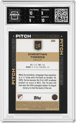 Christian Torres from the 2021 Topps MLS set graded by Arena Club and given an overall grade of 9.5.