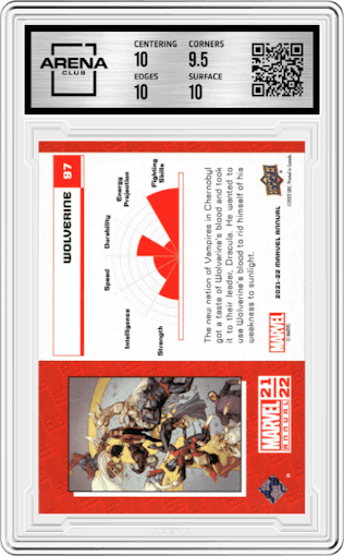 Wolverine from the 2021-22 Upper Deck Marvel Annual set featuring a Blue Retail parallel graded by Arena Club and given an overall grade of 10.