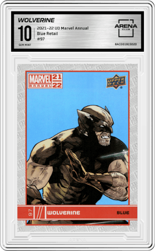 Wolverine from the 2021-22 Upper Deck Marvel Annual set featuring a Blue Retail parallel graded by Arena Club and given an overall grade of 10.
