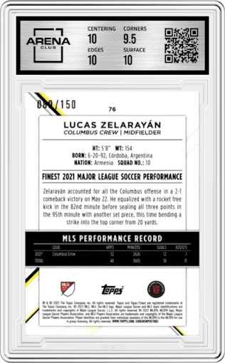 Lucas Zelarayan from the 2022 Topps Finest MLS set featuring a Blue Refractor parallel graded by Arena Club and given an overall grade of 10.