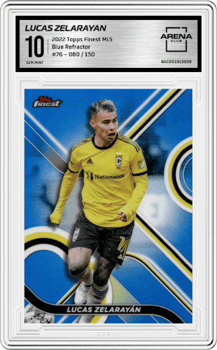 Lucas Zelarayan from the 2022 Topps Finest MLS set featuring a Blue Refractor parallel graded by Arena Club and given an overall grade of 10.