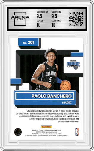 Paolo Banchero from the 2022-23 Panini Donruss set graded by Arena Club and given an overall grade of 10.