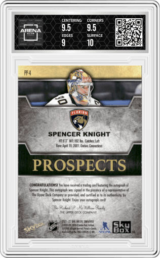 Spencer Knight from the 2021-22 Skybox Metal Universe set graded by Arena Club and given an overall grade of 9.5.
