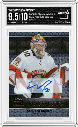 Spencer Knight from the 2021-22 Skybox Metal Universe set graded by Arena Club and given an overall grade of 9.5.