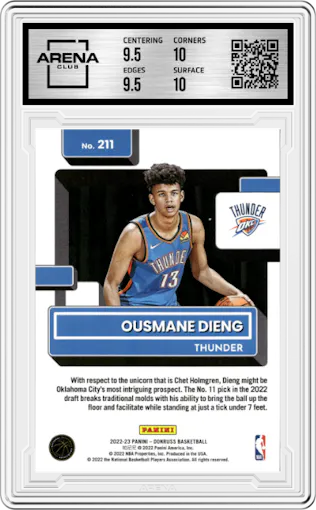 Ousmane Dieng from the 2022-23 Panini Donruss set featuring a Green Holo Laser parallel graded by Arena Club and given an overall grade of 10.