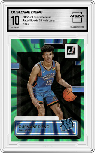 Ousmane Dieng from the 2022-23 Panini Donruss set featuring a Green Holo Laser parallel graded by Arena Club and given an overall grade of 10.