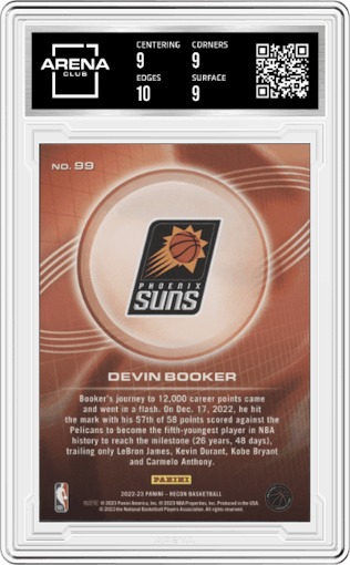 Devin Booker from the 2022-23 Panini Recon Basketball set featuring a Bronze parallel graded by Arena Club and given an overall grade of 9.5.