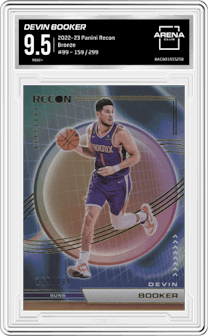 Devin Booker from the 2022-23 Panini Recon Basketball set featuring a Bronze parallel graded by Arena Club and given an overall grade of 9.5.