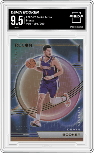 Devin Booker from the 2022-23 Panini Recon Basketball set featuring a Bronze parallel graded by Arena Club and given an overall grade of 9.5.
